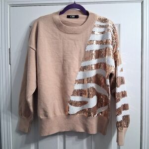 Vintage CBR Sweater 80s Gold & White Sequins Medium Cotton Blend Zebra